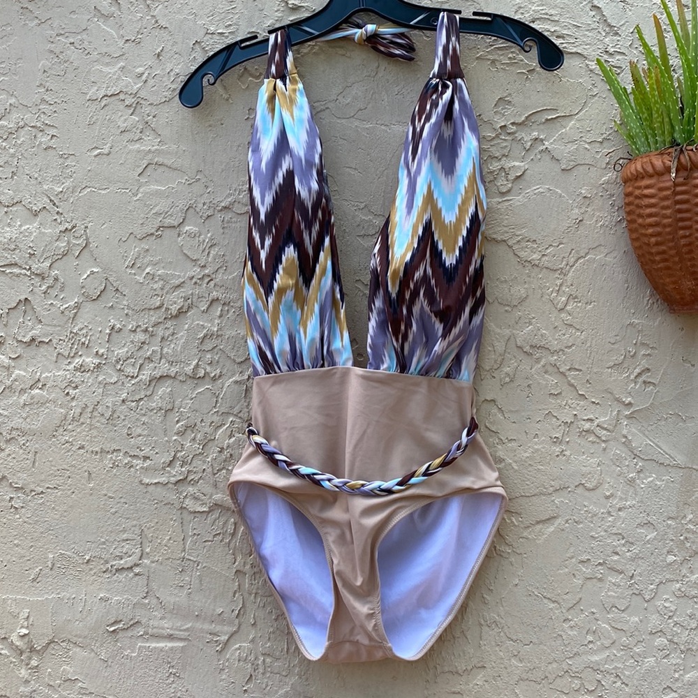 Beautiful Deep Plunge Front Halter One-piece Swimsuit